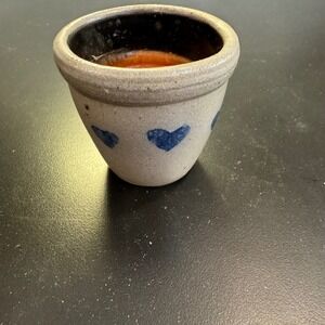 Rowe Pottery Works Miniature Crock Small Grey Blue Heart Salt Glaze 1995